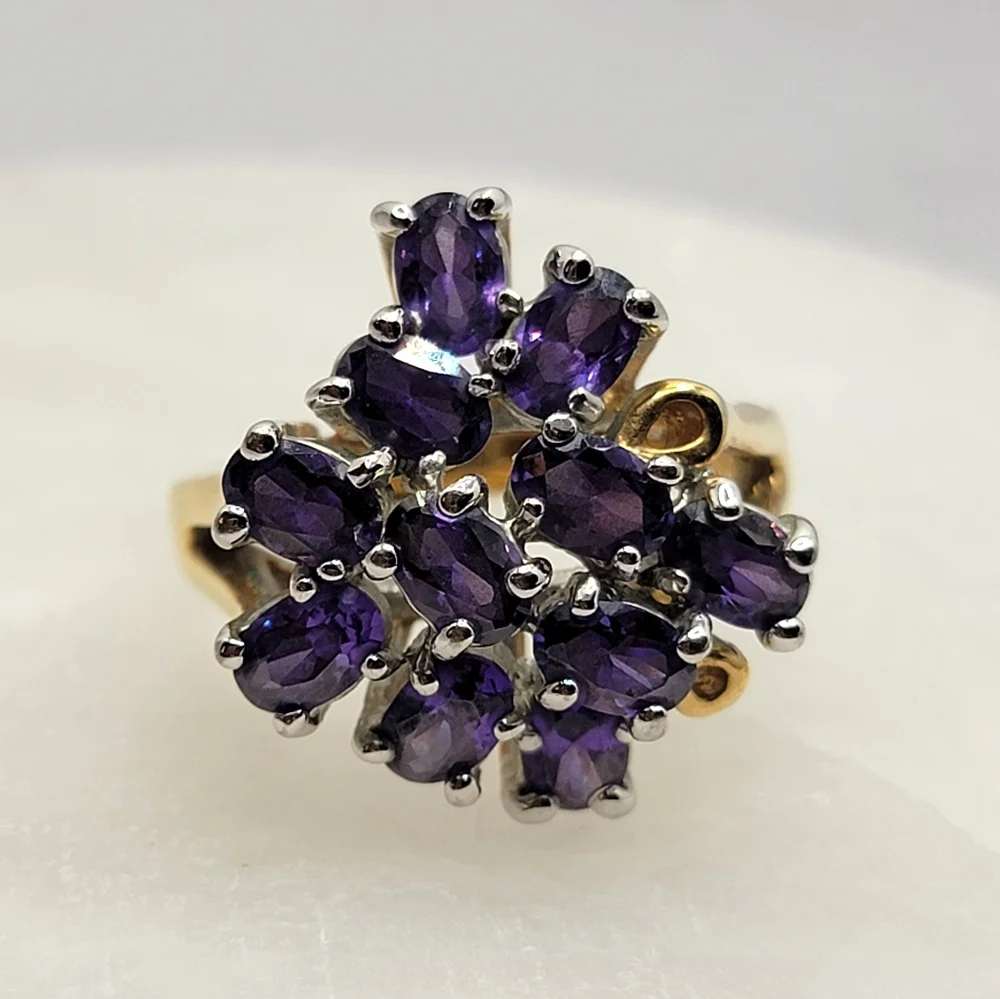 Vintage Gemstone Cluster Cocktail Ring  Amethyst Gold Tone